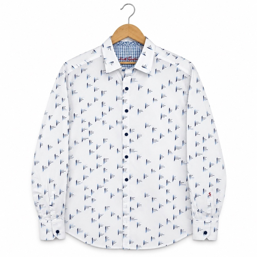 Robert Graham Mens 2XLT White Blue Geometric Print Long Sleeve Button Down Shirt